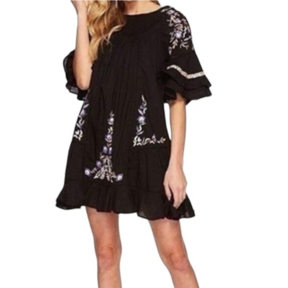 Free People Black Mini Dress with Embroidered Floral Accents